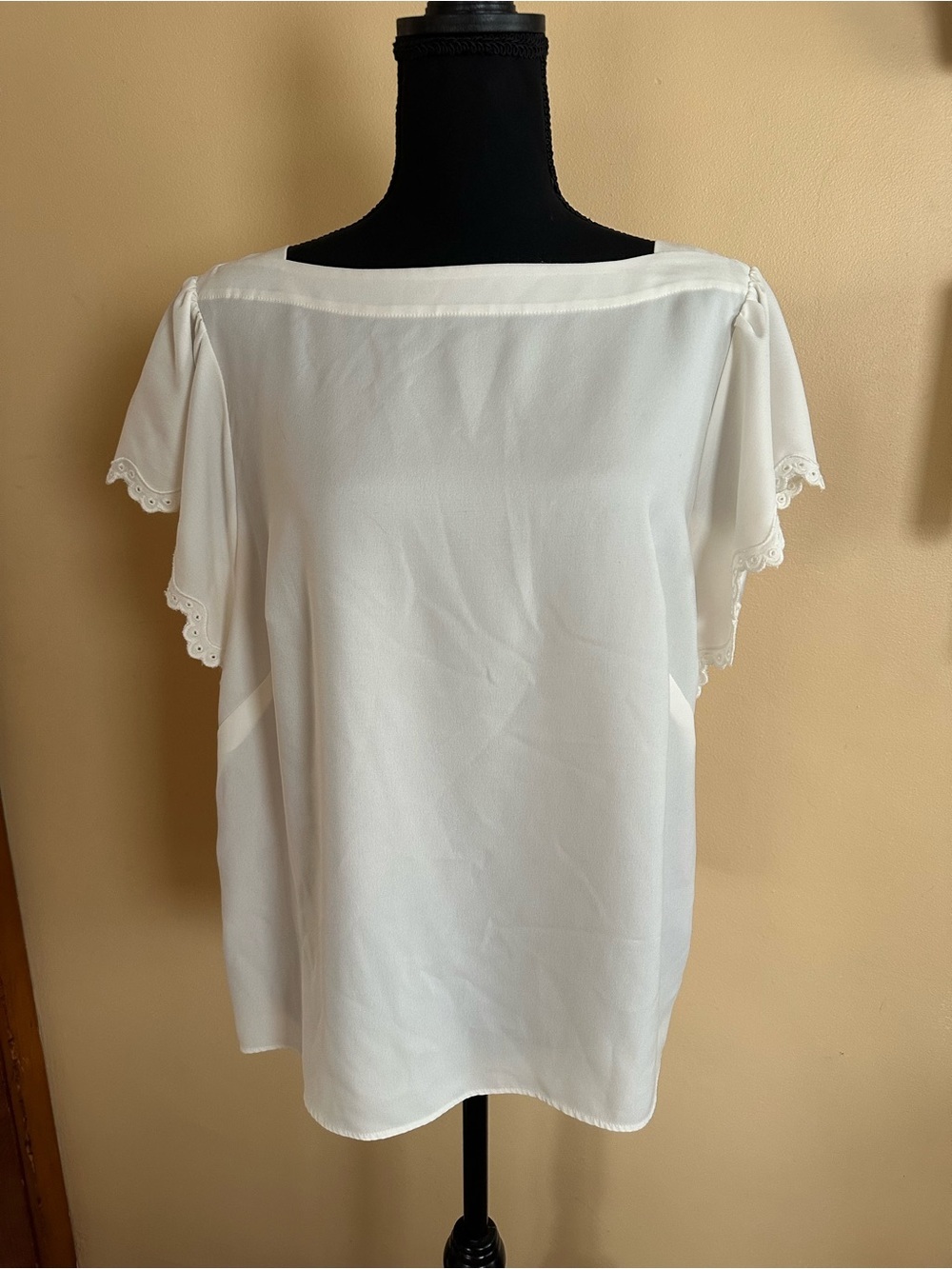 Ann Taylor sheer cream high square neck flutter sleeve blouse size M